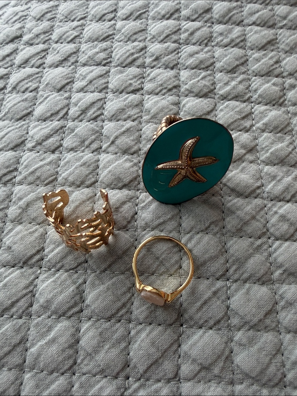 Gold and Teal Starfish Statement Rings Set of 3 - Women Accessories